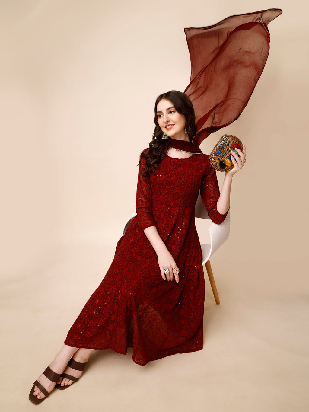 Schiffly Embroidered Flared Kurta With Pant & Dupatta, Maroon - Hiral Fashion - Distacart