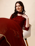 Schiffly Embroidered Flared Kurta With Pant & Dupatta, Maroon - Hiral Fashion - Distacart