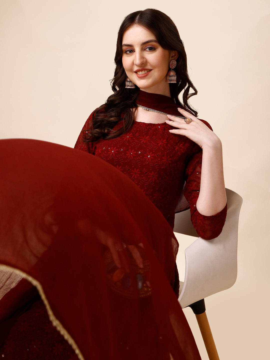 Schiffly Embroidered Flared Kurta With Pant & Dupatta, Maroon - Hiral Fashion - Distacart