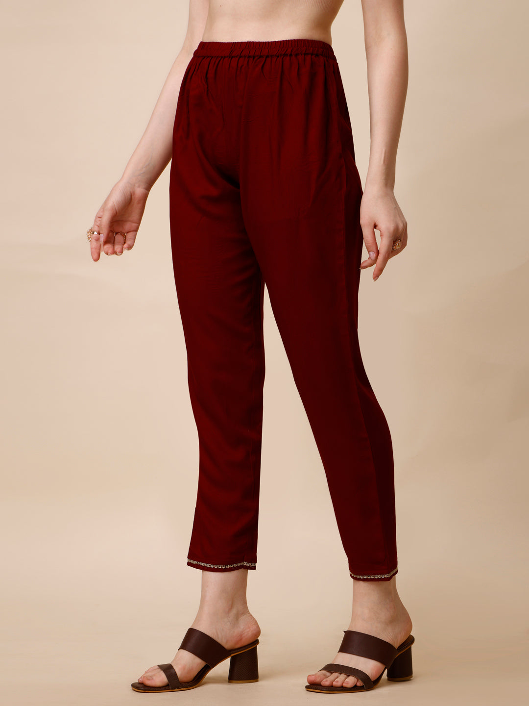 Schiffly Embroidered Flared Kurta With Pant & Dupatta, Maroon - Hiral Fashion - Distacart