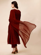 Schiffly Embroidered Flared Kurta With Pant & Dupatta, Maroon - Hiral Fashion - Distacart