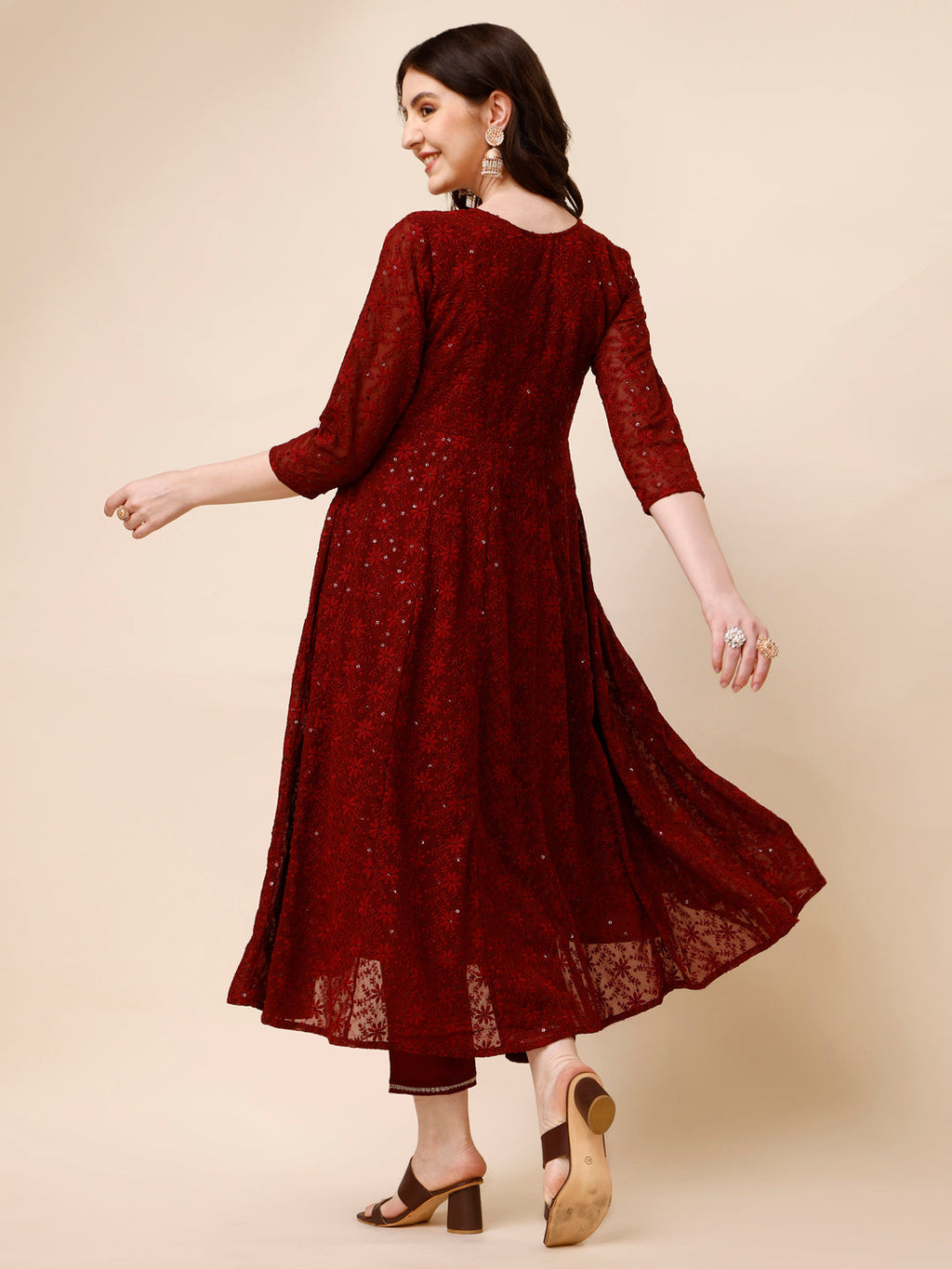 Schiffly Embroidered Flared Kurta With Pant & Dupatta, Maroon - Hiral Fashion - Distacart