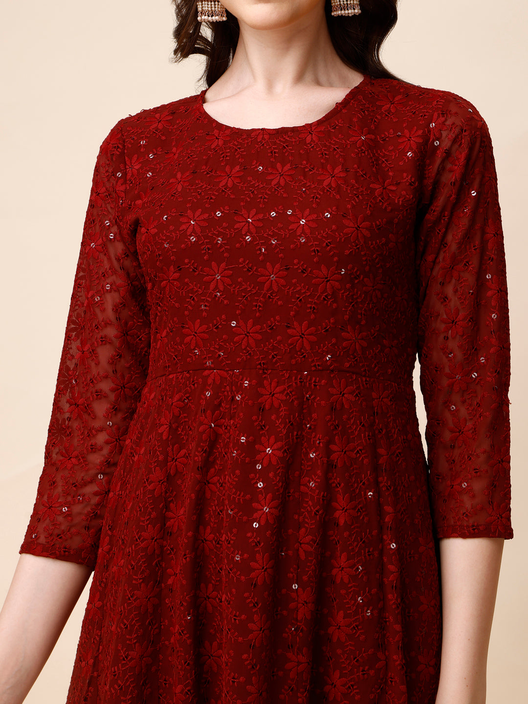 Schiffly Embroidered Flared Kurta With Pant & Dupatta, Maroon - Hiral Fashion - Distacart