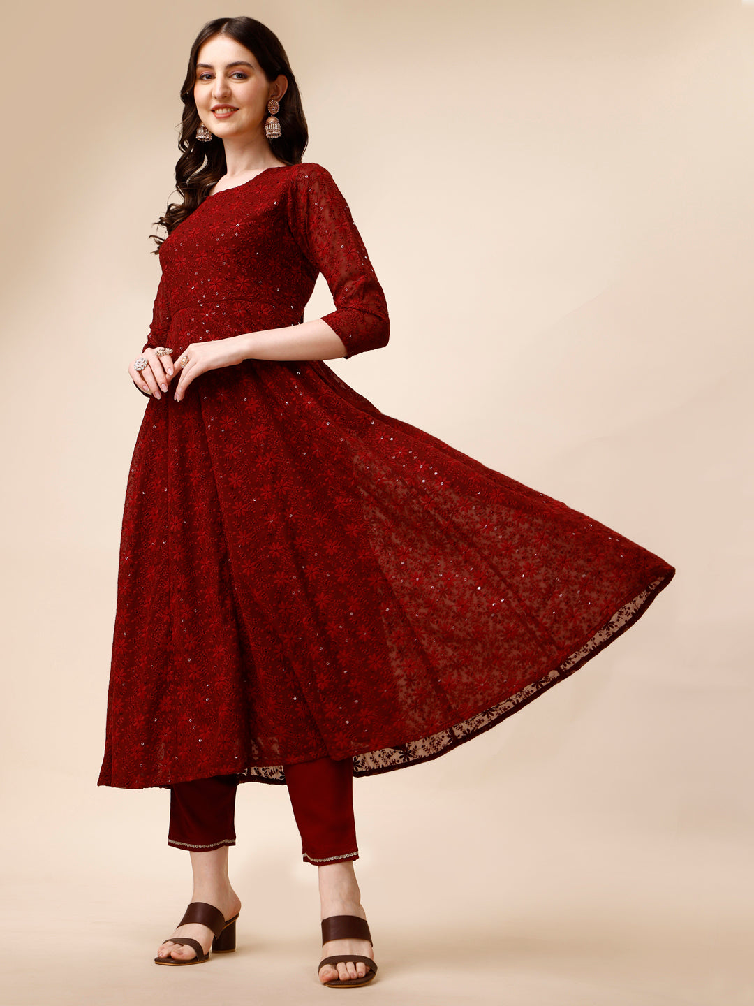 Schiffly Embroidered Flared Kurta With Pant & Dupatta, Maroon - Hiral Fashion - Distacart