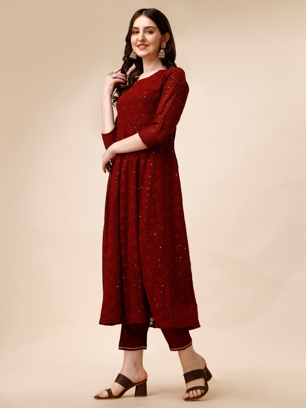 Schiffly Embroidered Flared Kurta With Pant & Dupatta, Maroon - Hiral Fashion - Distacart