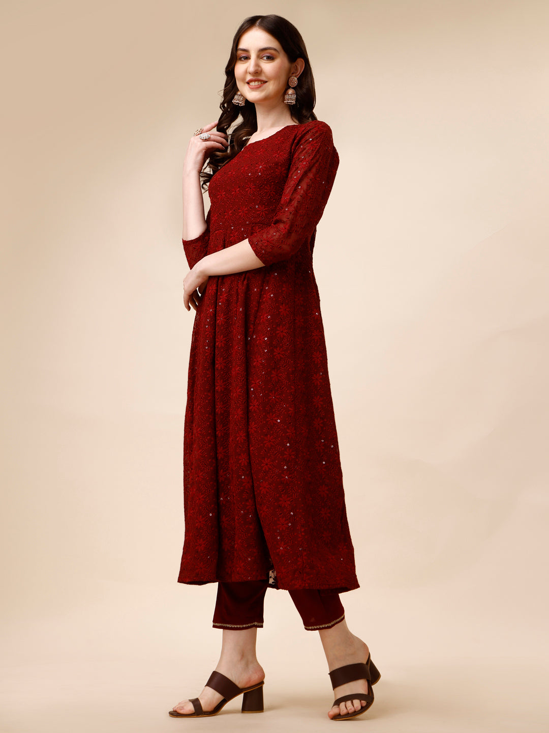 Schiffly Embroidered Flared Kurta With Pant & Dupatta, Maroon - Hiral Fashion - Distacart