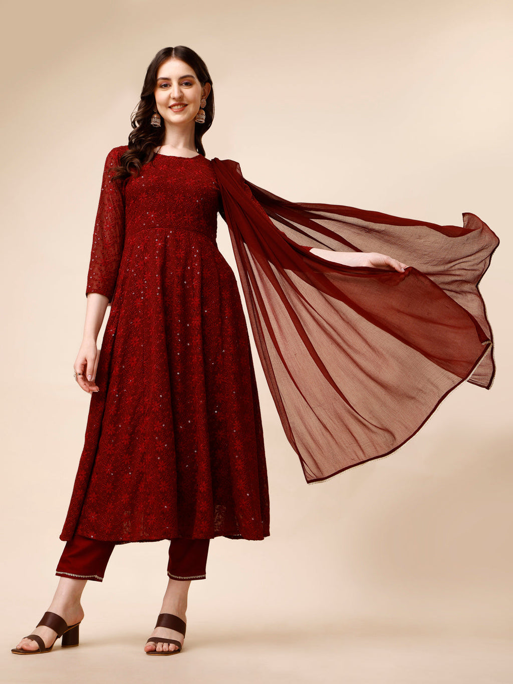 Schiffly Embroidered Flared Kurta With Pant & Dupatta, Maroon - Hiral Fashion - Distacart