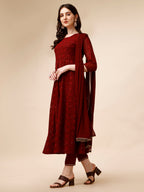Schiffly Embroidered Flared Kurta With Pant & Dupatta, Maroon - Hiral Fashion - Distacart