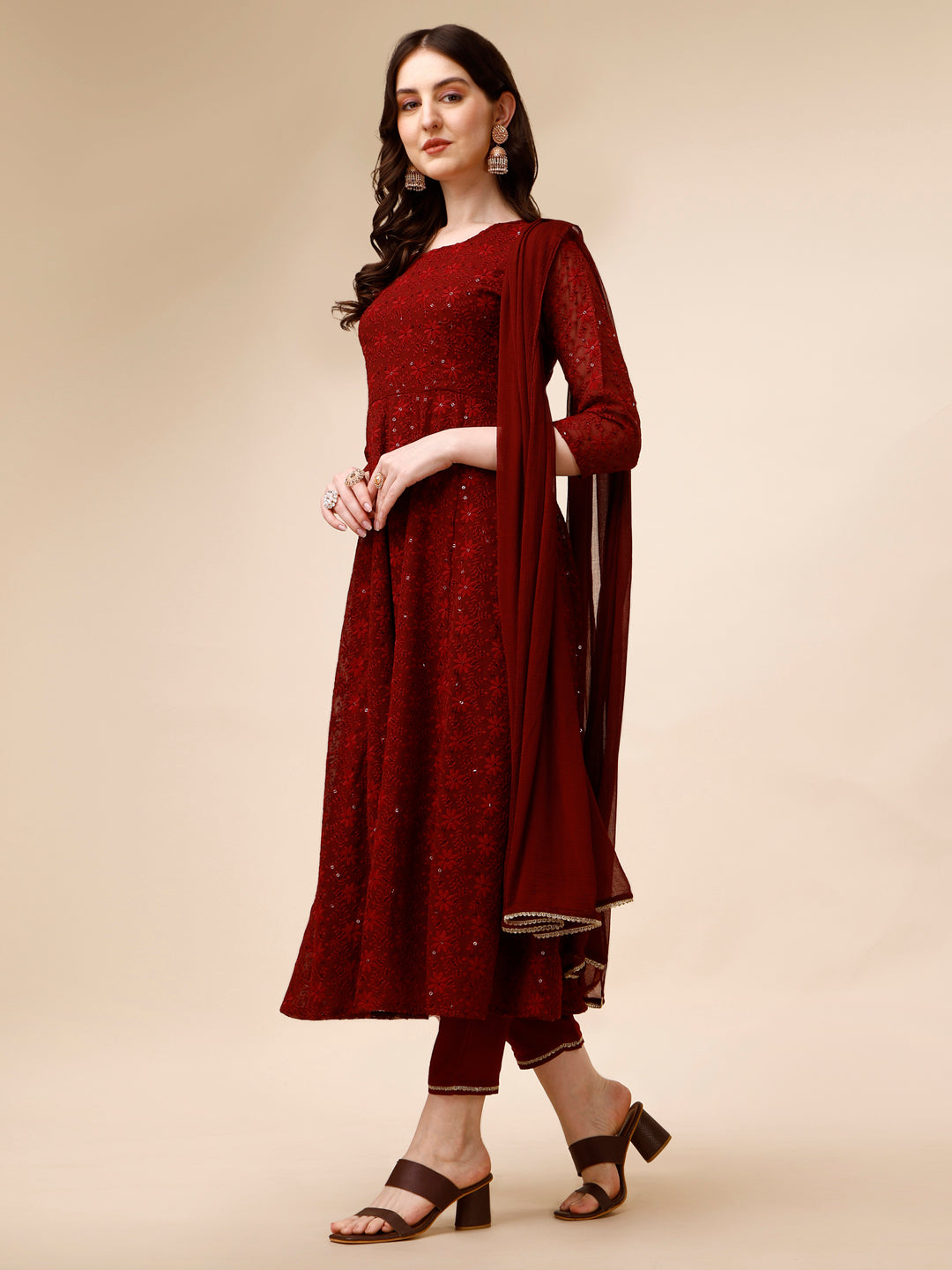 Schiffly Embroidered Flared Kurta With Pant & Dupatta, Maroon - Hiral Fashion - Distacart