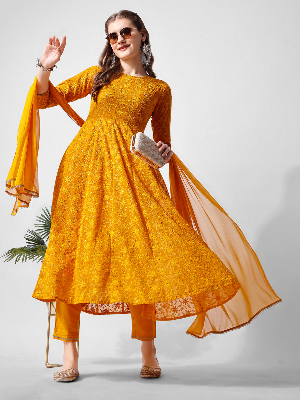Schiffly Embroidered Flared Kurta With Pant & Dupatta, Mustard - Hiral Fashion