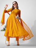 Schiffly Embroidered Flared Kurta With Pant & Dupatta, Mustard - Hiral Fashion