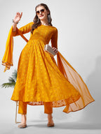 Schiffly Embroidered Flared Kurta With Pant & Dupatta, Mustard - Hiral Fashion