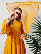 Schiffly Embroidered Flared Kurta With Pant & Dupatta, Mustard - Hiral Fashion