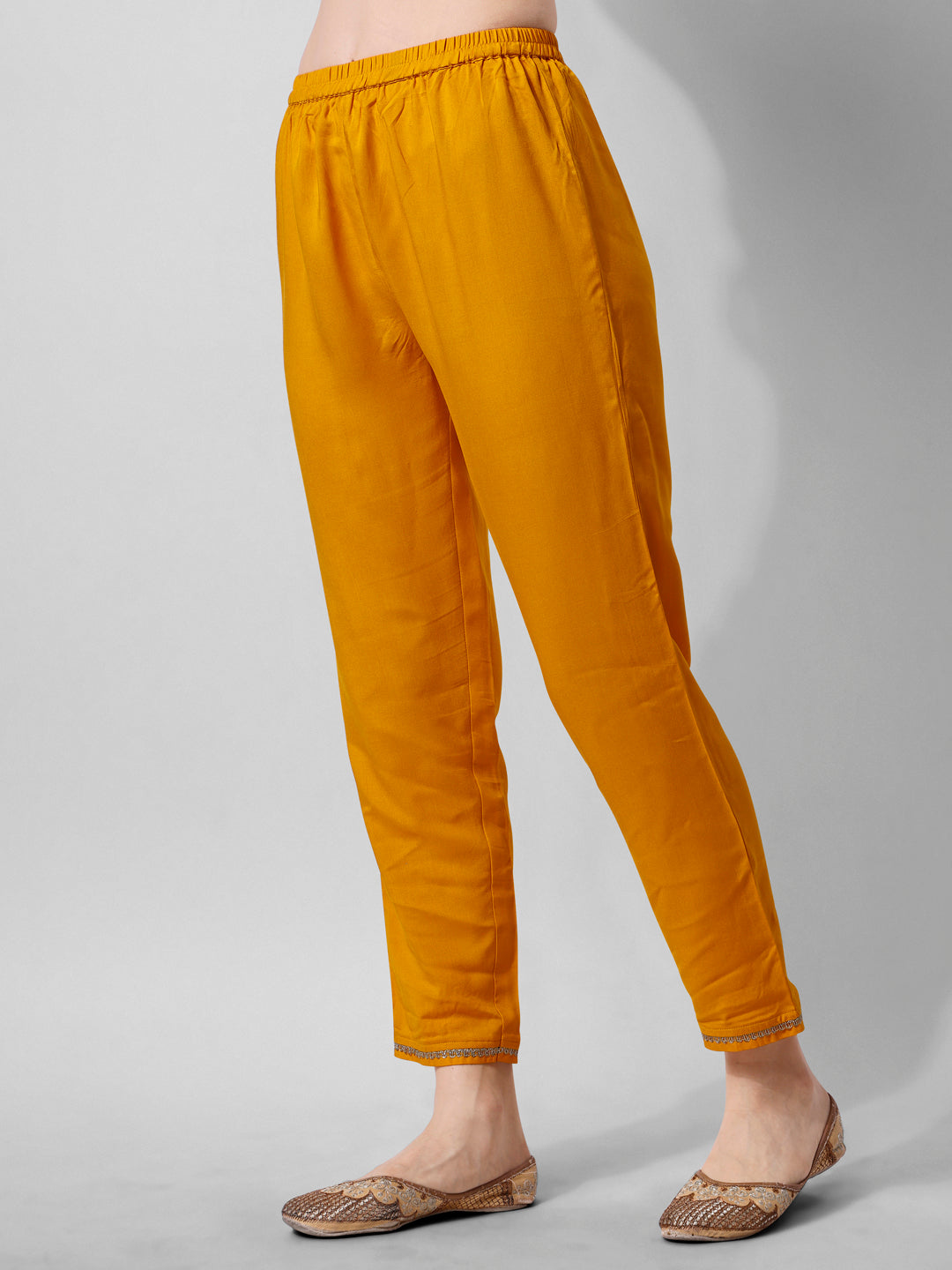 Schiffly Embroidered Flared Kurta With Pant & Dupatta, Mustard - Hiral Fashion