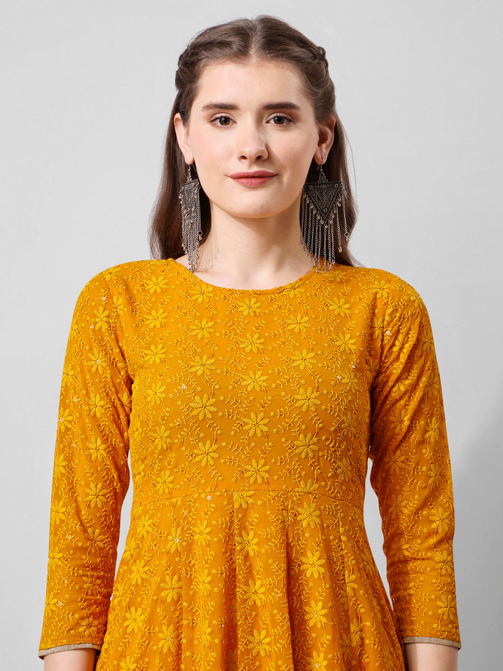 Schiffly Embroidered Flared Kurta With Pant & Dupatta, Mustard - Hiral Fashion