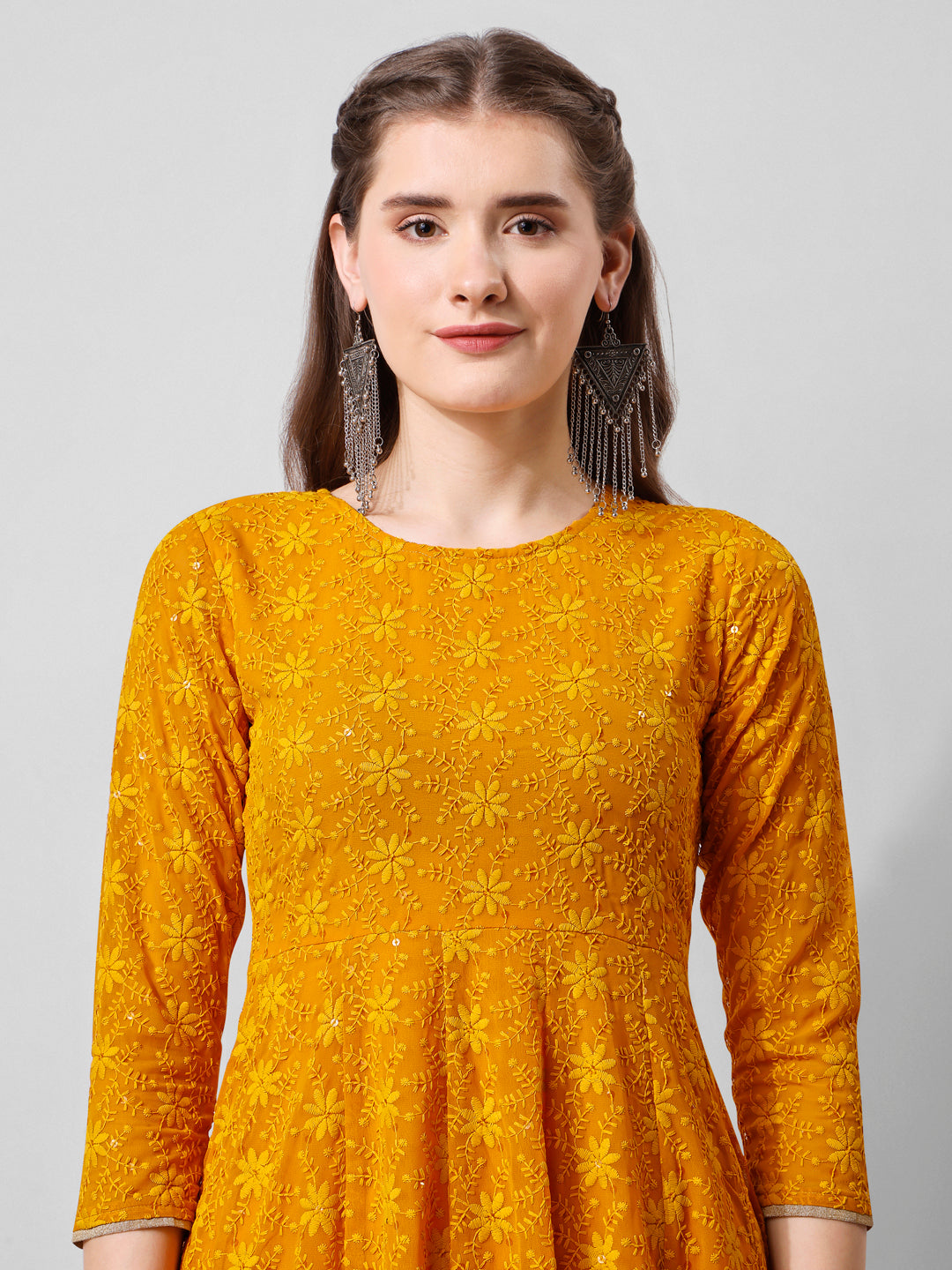 Schiffly Embroidered Flared Kurta With Pant & Dupatta, Mustard - Hiral Fashion