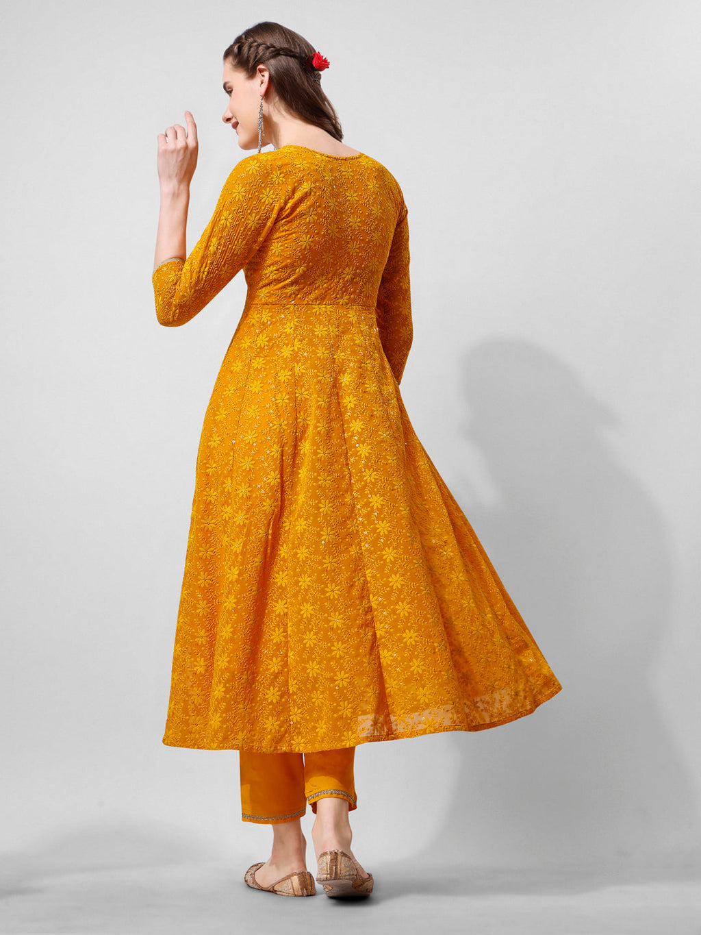 Schiffly Embroidered Flared Kurta With Pant & Dupatta, Mustard - Hiral Fashion