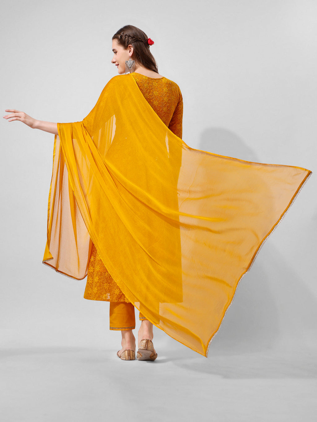 Schiffly Embroidered Flared Kurta With Pant & Dupatta, Mustard - Hiral Fashion