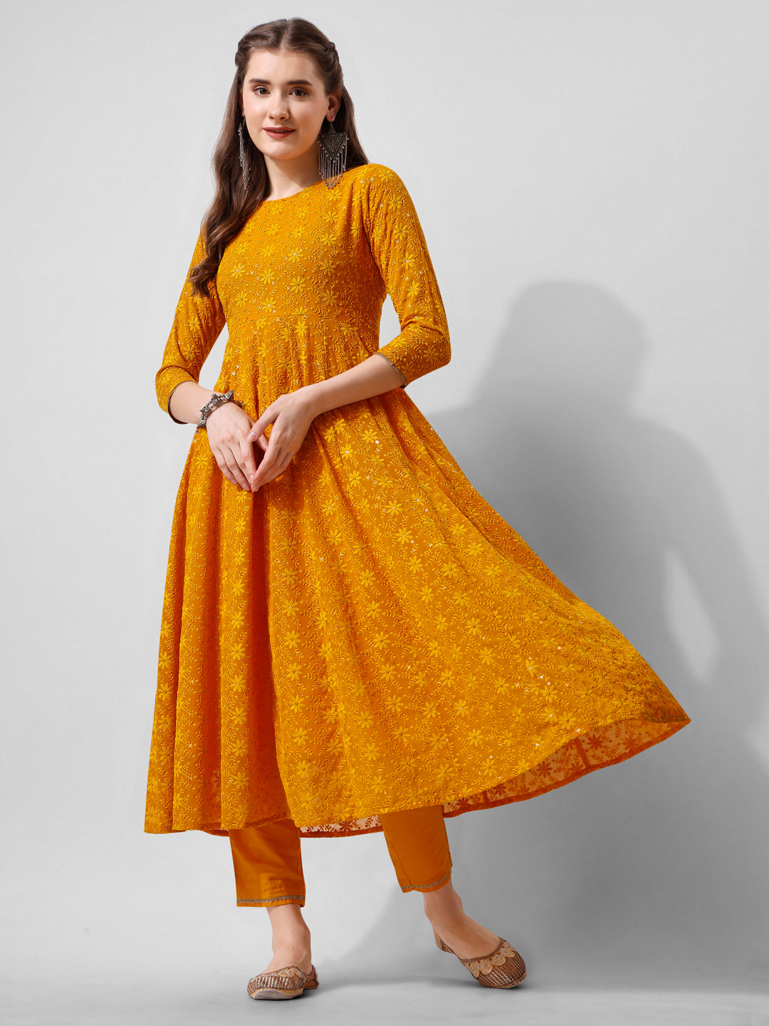 Schiffly Embroidered Flared Kurta With Pant & Dupatta, Mustard - Hiral Fashion