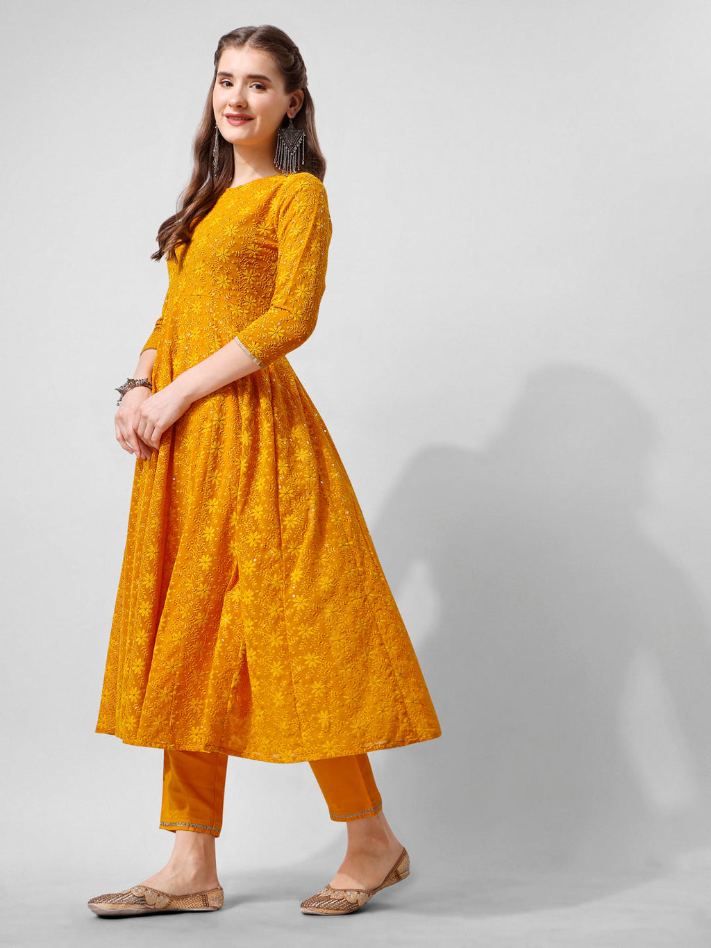 Schiffly Embroidered Flared Kurta With Pant & Dupatta, Mustard - Hiral Fashion