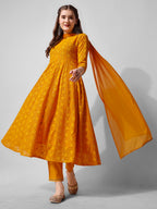 Schiffly Embroidered Flared Kurta With Pant & Dupatta, Mustard - Hiral Fashion
