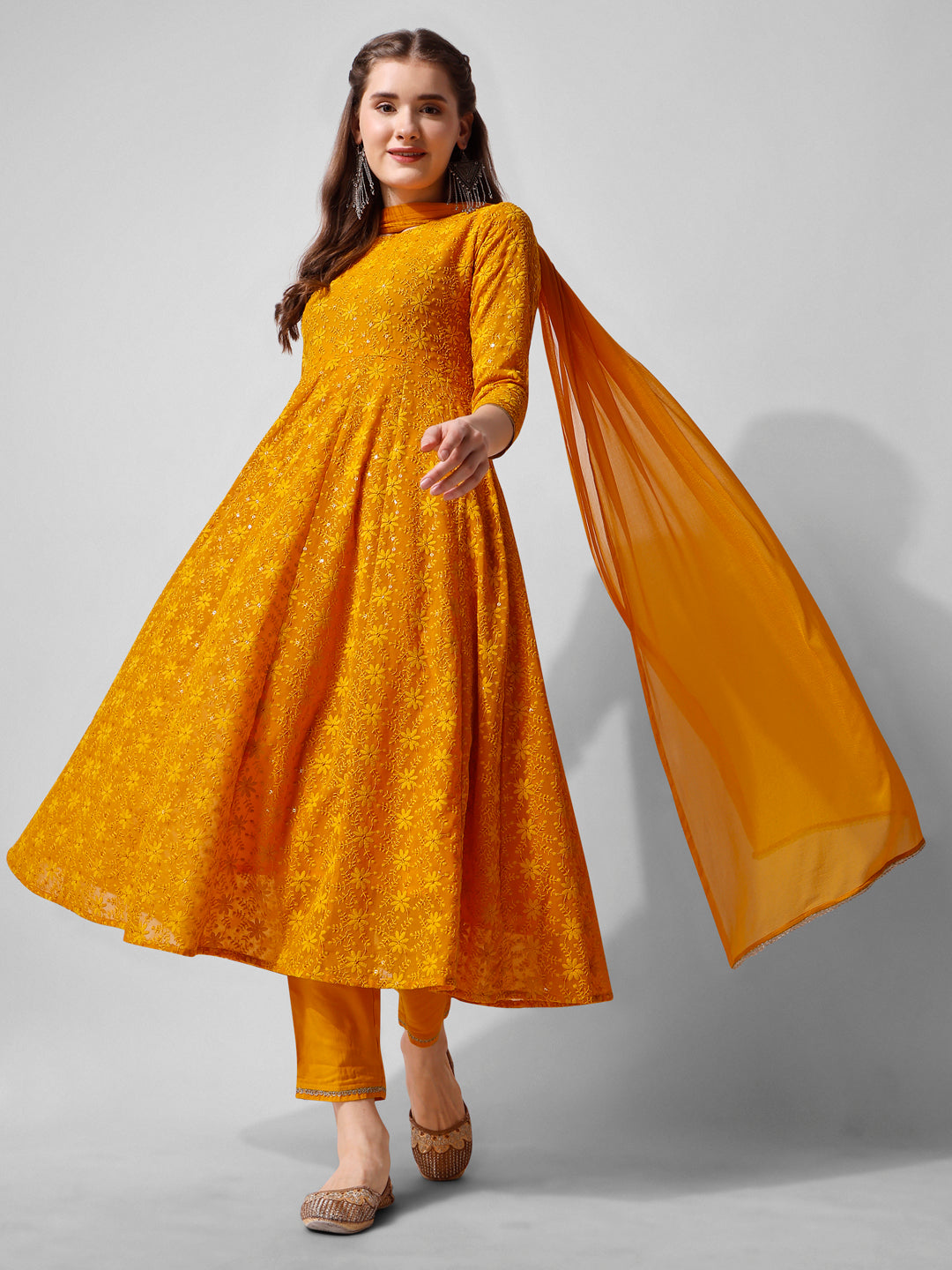 Schiffly Embroidered Flared Kurta With Pant & Dupatta, Mustard - Hiral Fashion