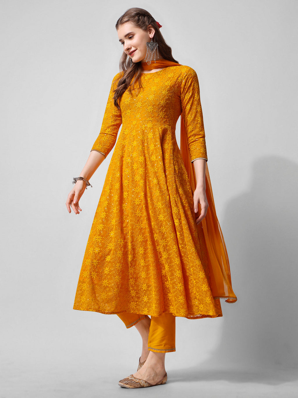 Schiffly Embroidered Flared Kurta With Pant & Dupatta, Mustard - Hiral Fashion