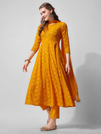 Schiffly Embroidered Flared Kurta With Pant & Dupatta, Mustard - Hiral Fashion