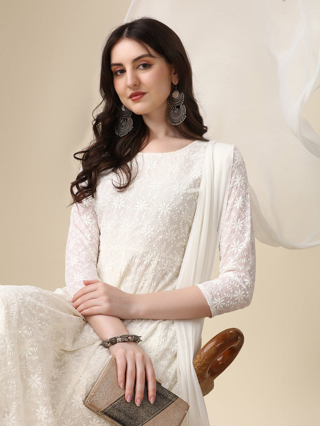 Schiffly Embroidered Flared Kurta With Pant & Dupatta, White - Hiral Fashion