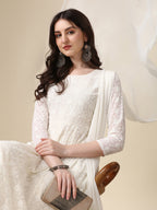 Schiffly Embroidered Flared Kurta With Pant & Dupatta, White - Hiral Fashion