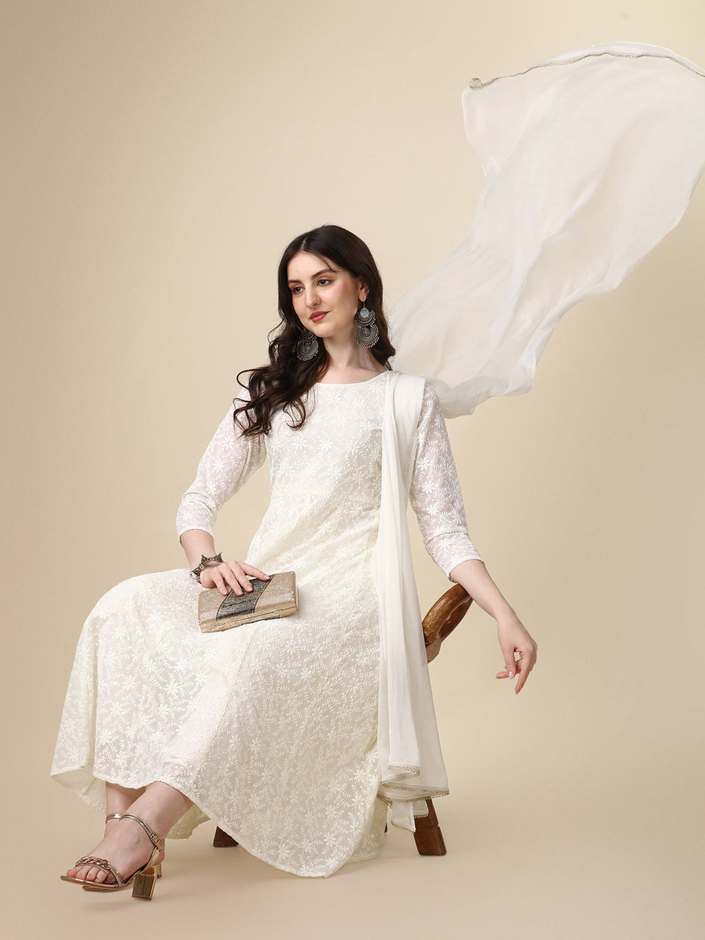Schiffly Embroidered Flared Kurta With Pant & Dupatta, White - Hiral Fashion