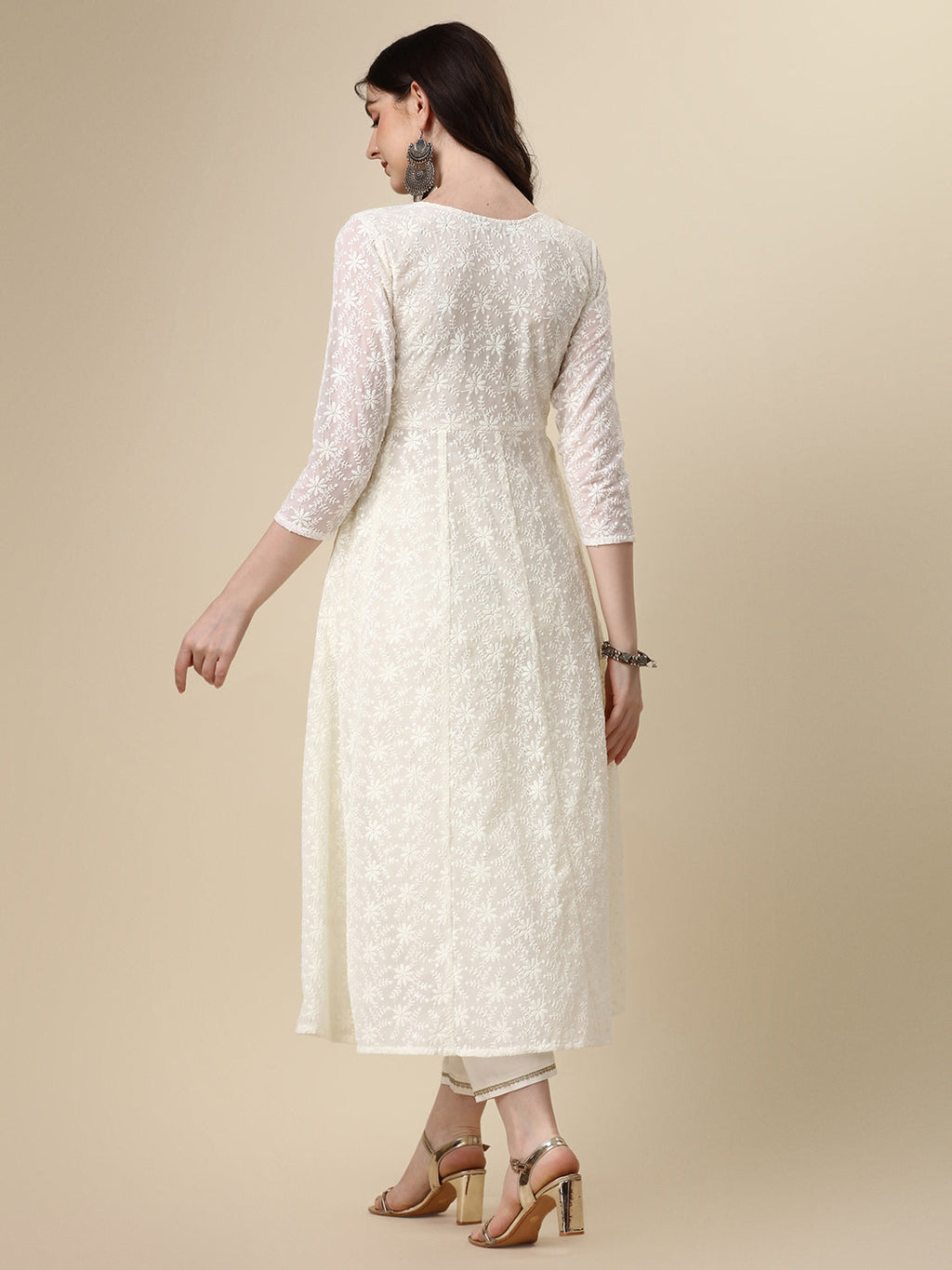Schiffly Embroidered Flared Kurta With Pant & Dupatta, White - Hiral Fashion