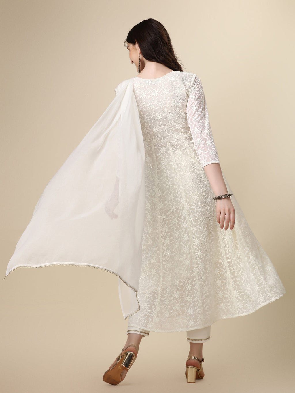 Schiffly Embroidered Flared Kurta With Pant & Dupatta, White - Hiral Fashion