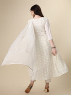 Schiffly Embroidered Flared Kurta With Pant & Dupatta, White - Hiral Fashion