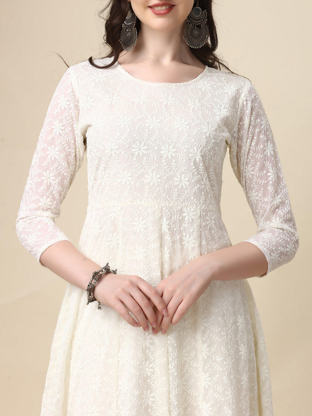 Schiffly Embroidered Flared Kurta With Pant & Dupatta, White - Hiral Fashion