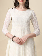 Schiffly Embroidered Flared Kurta With Pant & Dupatta, White - Hiral Fashion