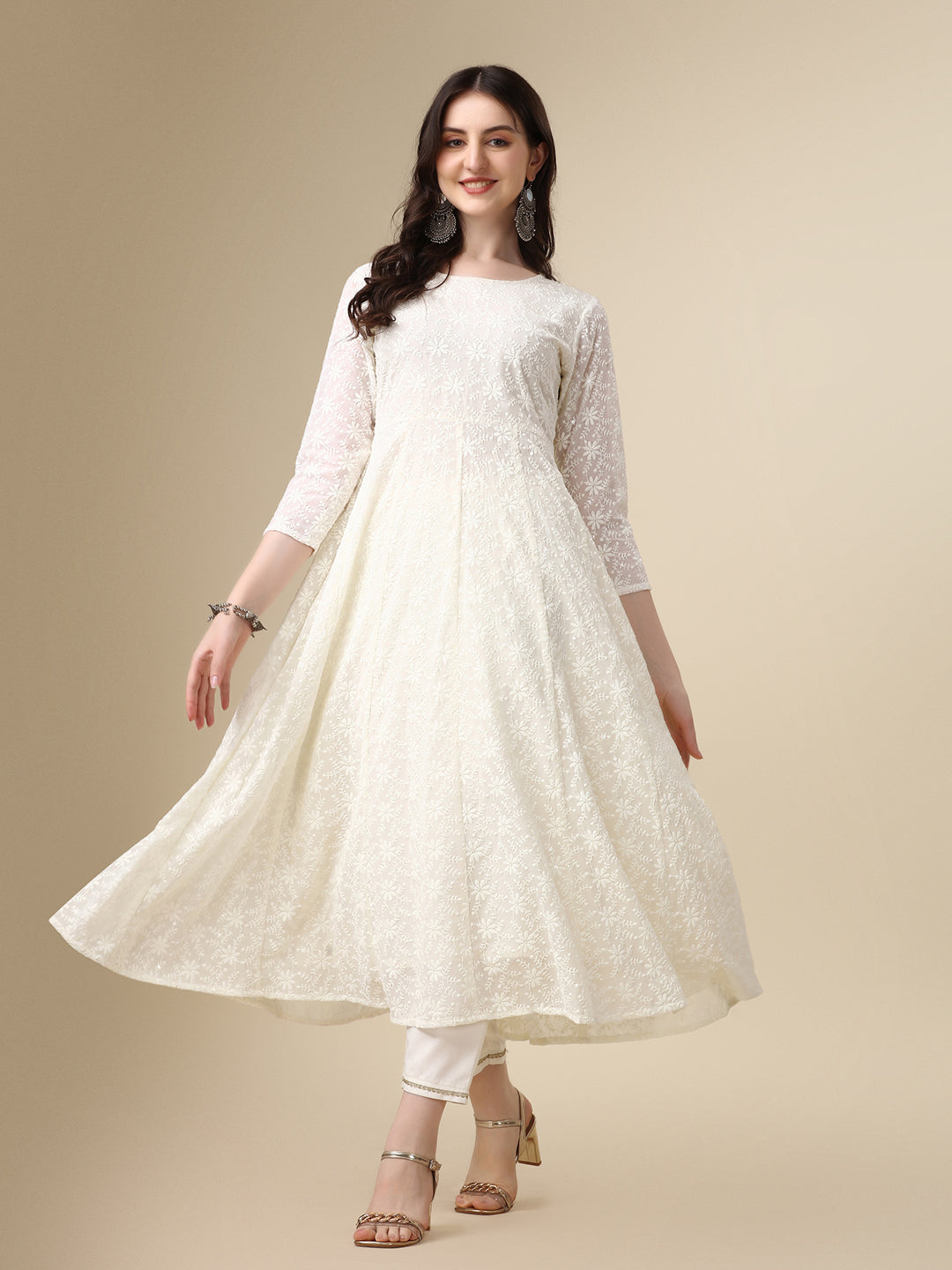 Schiffly Embroidered Flared Kurta With Pant & Dupatta, White - Hiral Fashion