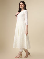 Schiffly Embroidered Flared Kurta With Pant & Dupatta, White - Hiral Fashion
