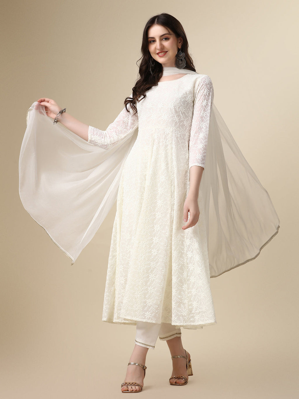 Schiffly Embroidered Flared Kurta With Pant & Dupatta, White - Hiral Fashion