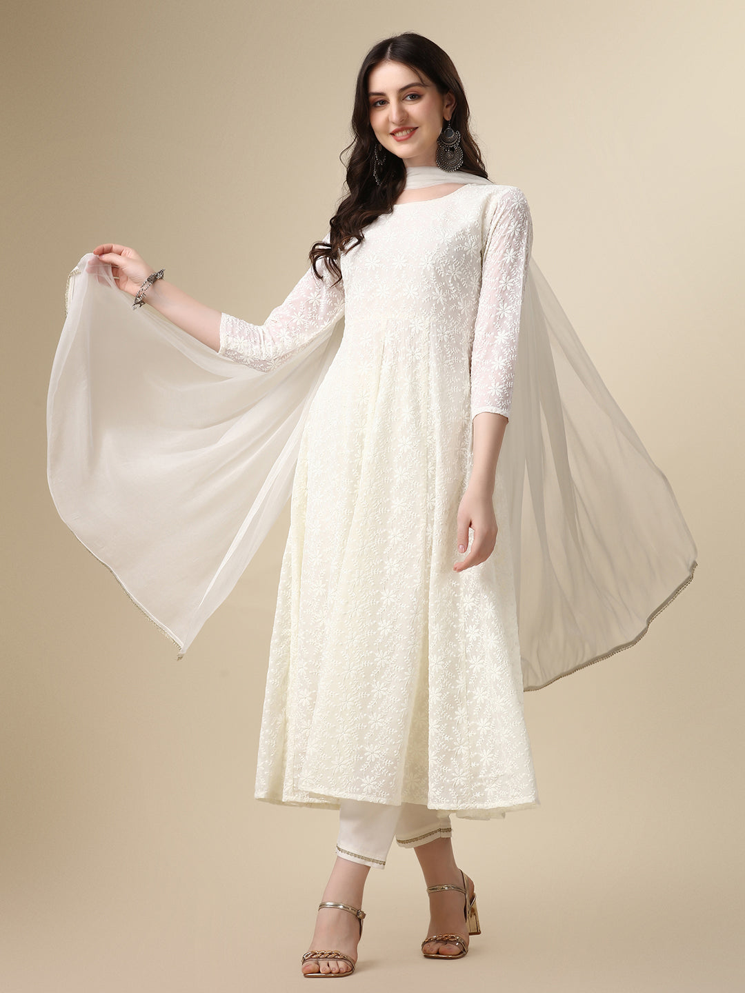 Schiffly Embroidered Flared Kurta With Pant & Dupatta, White - Hiral Fashion