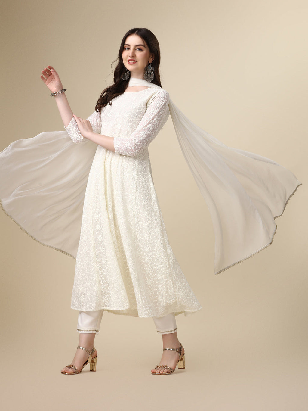 Schiffly Embroidered Flared Kurta With Pant & Dupatta, White - Hiral Fashion