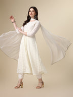 Schiffly Embroidered Flared Kurta With Pant & Dupatta, White - Hiral Fashion
