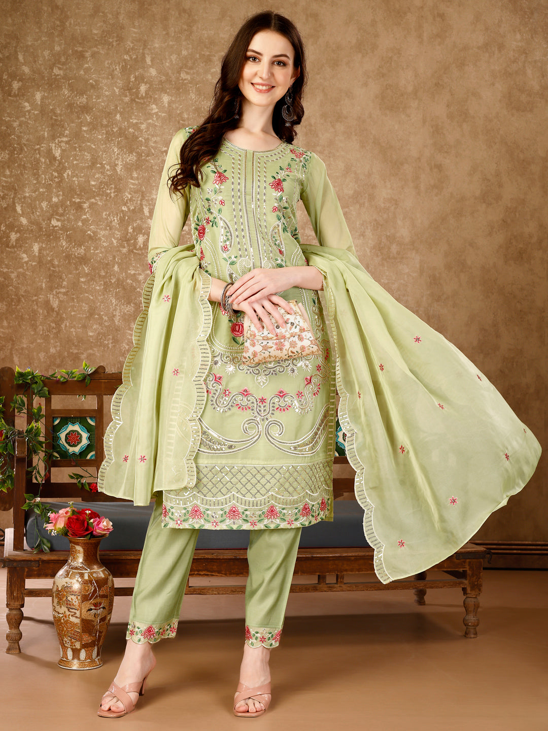 Pakistani Embroidered Kurta With Embroidered Pant & Embroidered Organza Dupatta Luxury Premium, Multicolor - Hiral Fashion