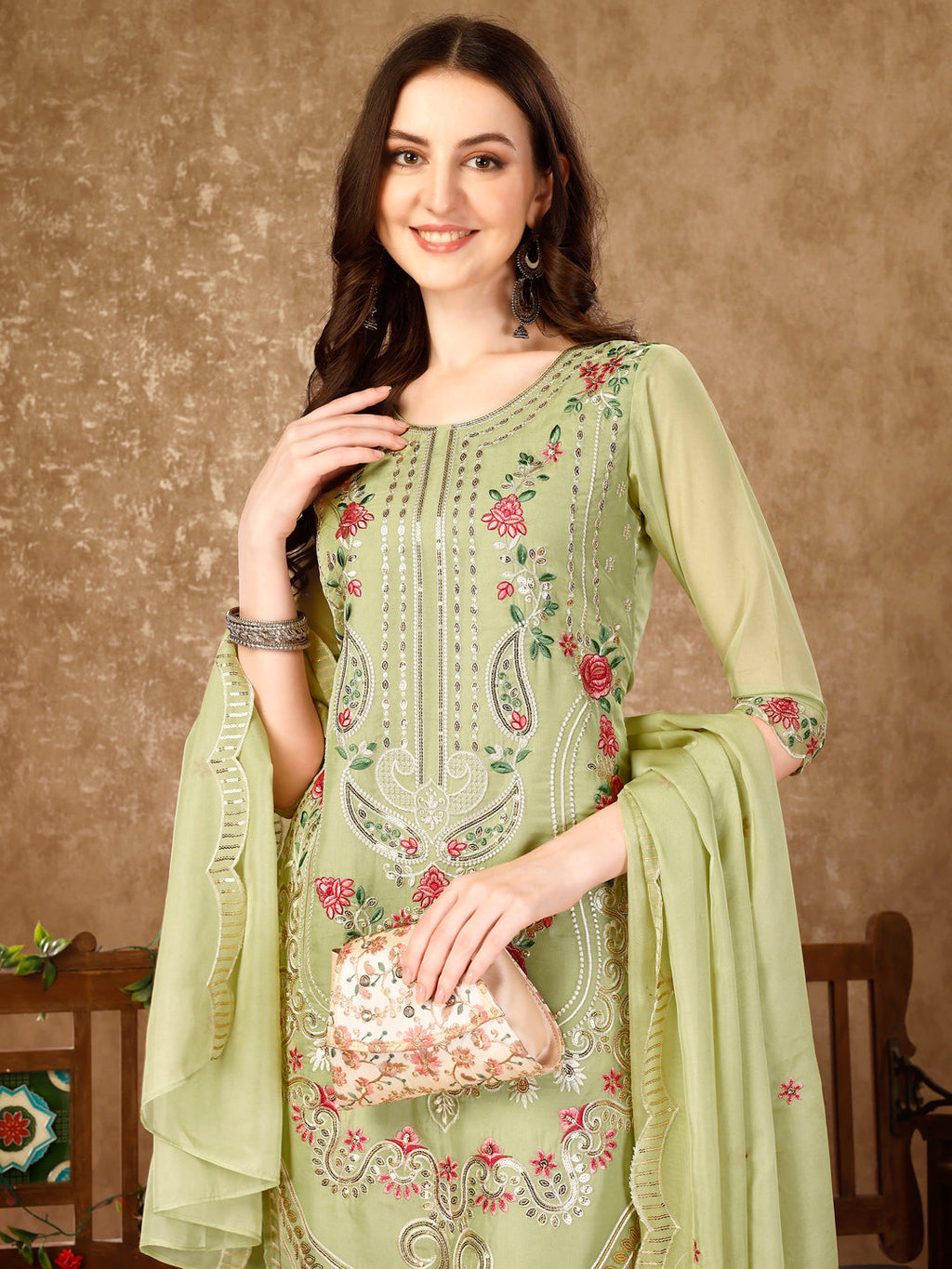 Pakistani Embroidered Kurta With Embroidered Pant & Embroidered Organza Dupatta Luxury Premium, Multicolor - Hiral Fashion