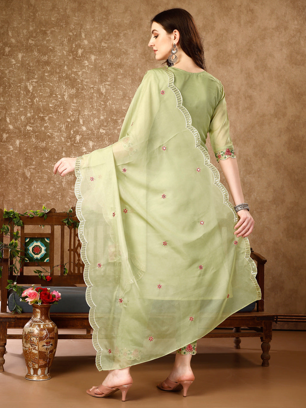 Pakistani Embroidered Kurta With Embroidered Pant & Embroidered Organza Dupatta Luxury Premium, Multicolor - Hiral Fashion