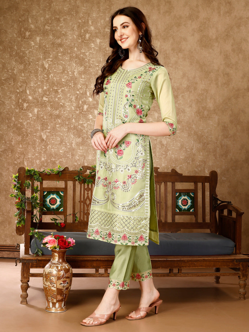 Pakistani Embroidered Kurta With Embroidered Pant & Embroidered Organza Dupatta Luxury Premium, Multicolor - Hiral Fashion