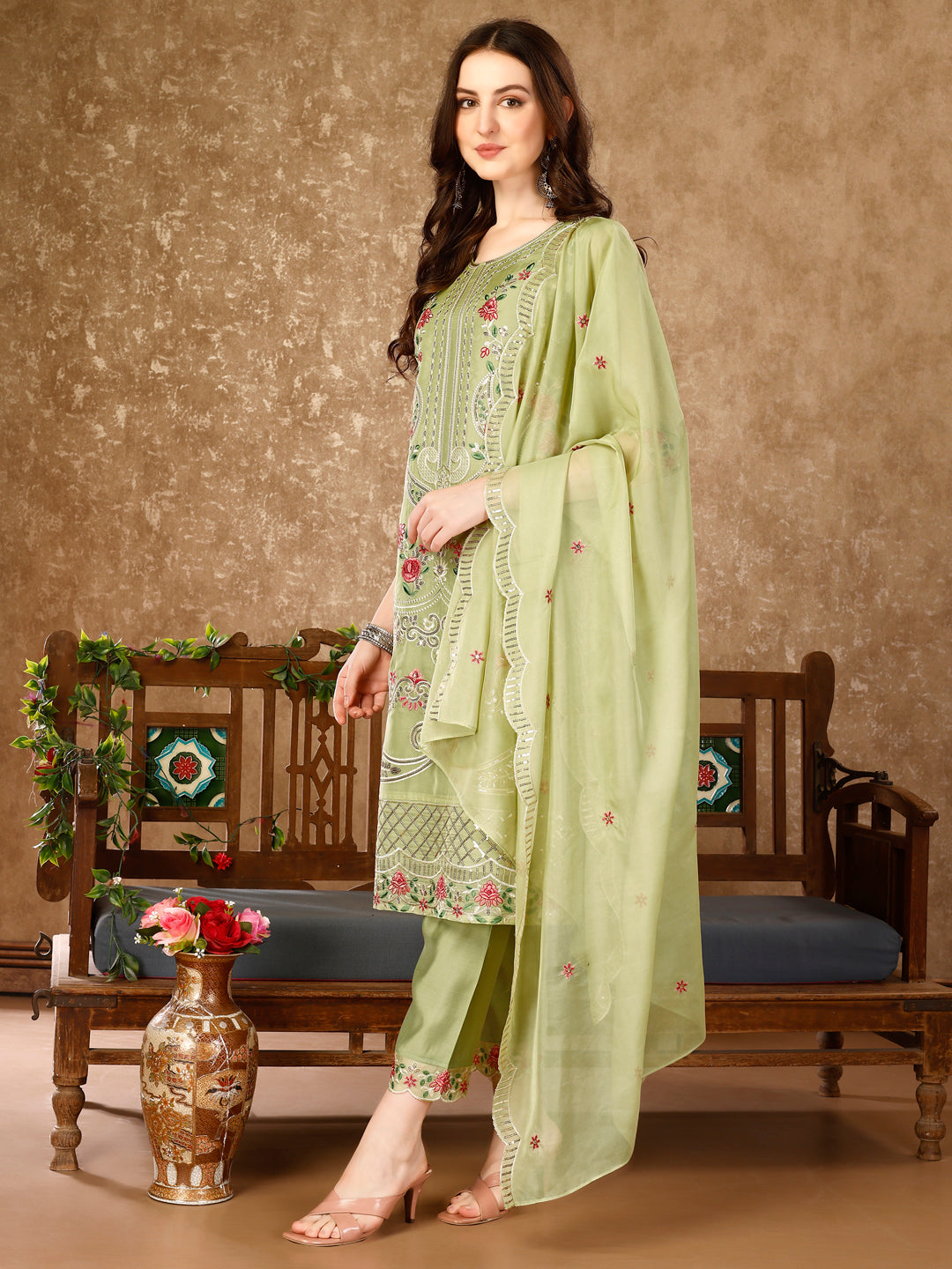 Pakistani Embroidered Kurta With Embroidered Pant & Embroidered Organza Dupatta Luxury Premium, Multicolor - Hiral Fashion