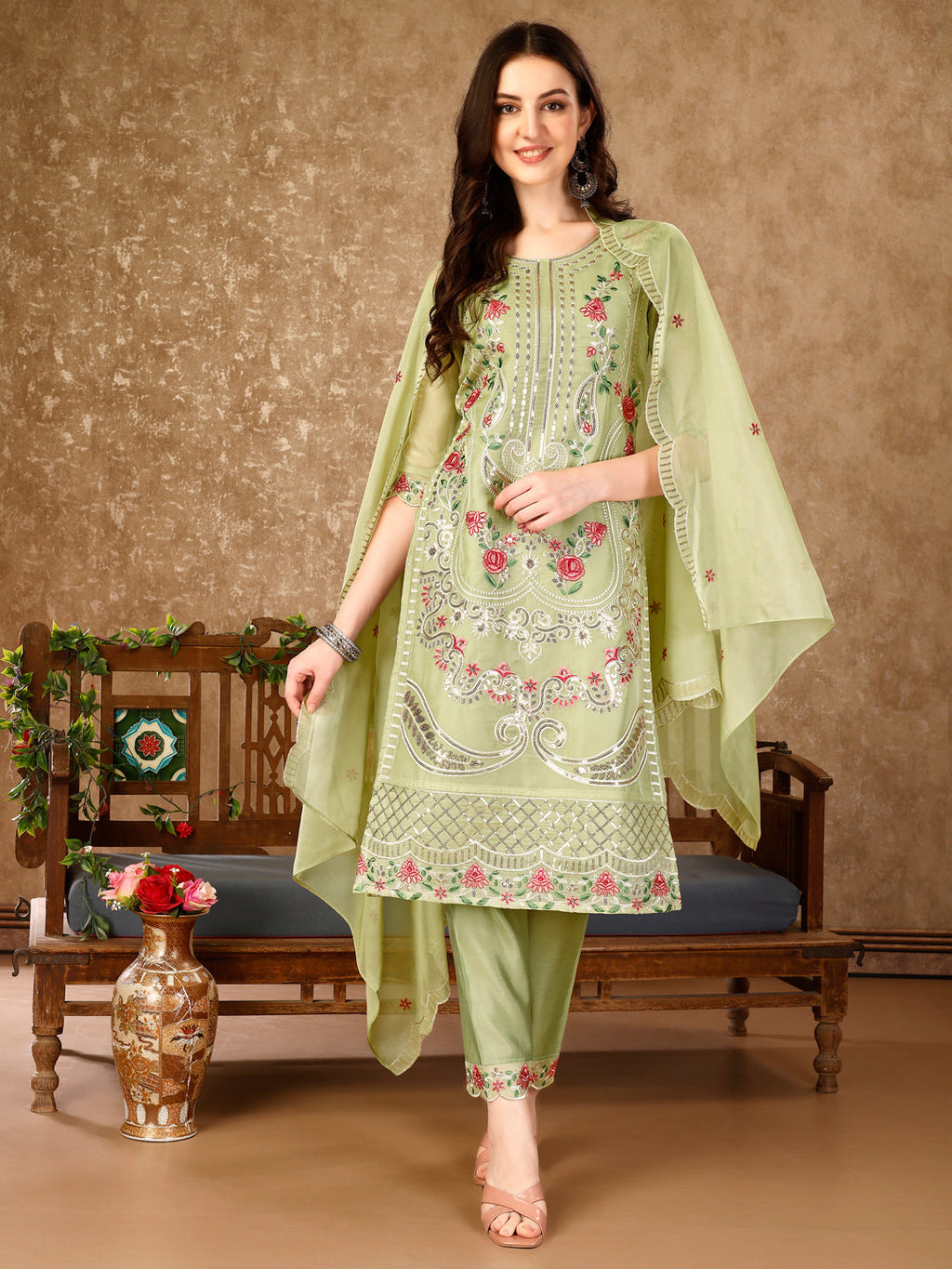 Pakistani Embroidered Kurta With Embroidered Pant & Embroidered Organza Dupatta Luxury Premium, Multicolor - Hiral Fashion