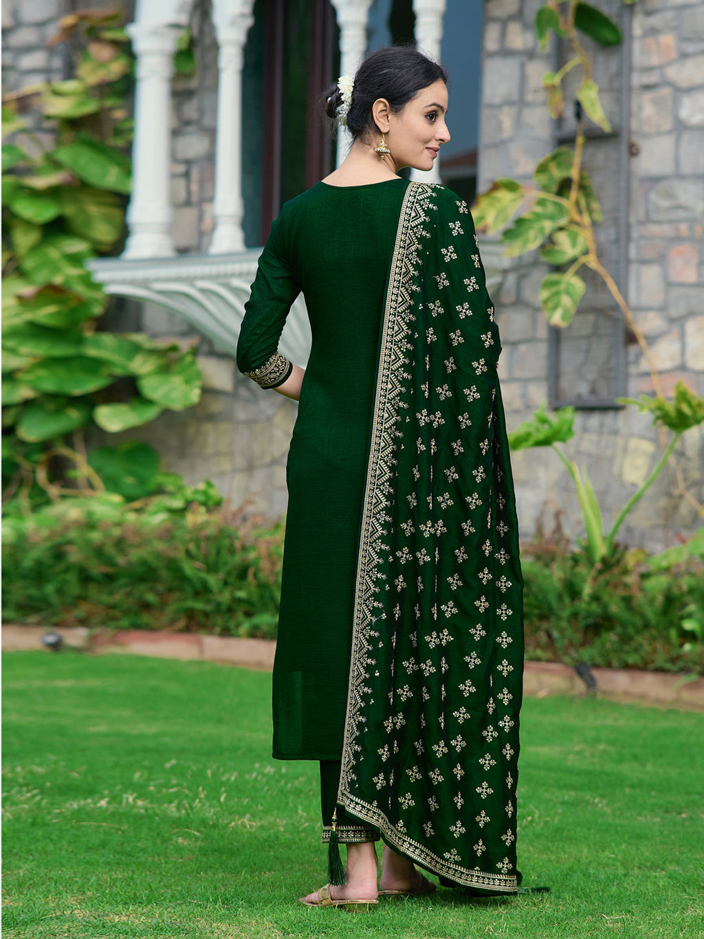 Embroidered Kurta With Pant & Embroidered Dupatta, Bottle-Green - Hiral Fashion