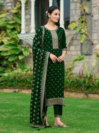 Embroidered Kurta With Pant & Embroidered Dupatta, Bottle-Green - Hiral Fashion